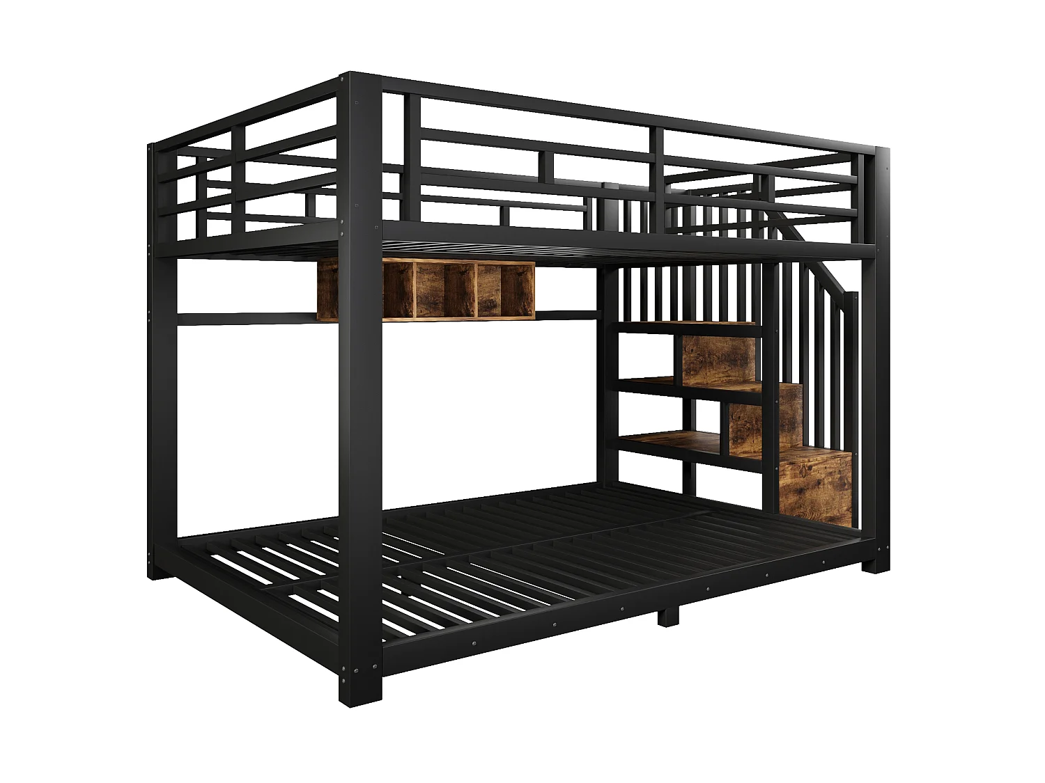 Stapelbed 140 x 200 cm met trap, 3 opbergvakken, ledverlichting en veiligheidsrails – Metaal en MDF – Zwart (Matras niet inbegrepen)