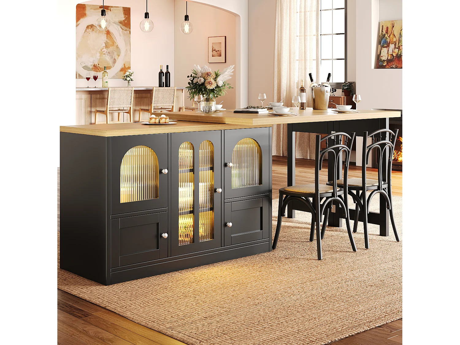 3-in-1-Esstisch: Ausziehbar und drehbar, mit 5 Türen, Ablagen, LED-Beleuchtung und USB-Anschlüssen – MDF – 120–197 x 40 x 72 cm – Schwarz