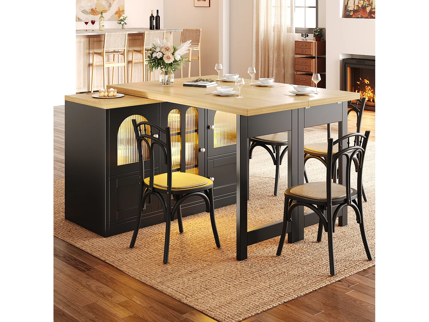 3-in-1-Esstisch: Ausziehbar und drehbar, mit 5 Türen, Ablagen, LED-Beleuchtung und USB-Anschlüssen – MDF – 120–197 x 40 x 72 cm – Schwarz