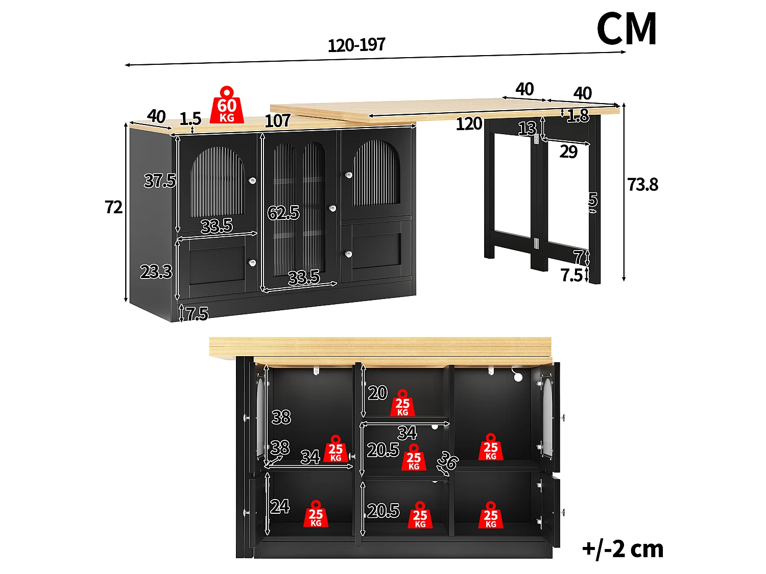 3-in-1-Esstisch: Ausziehbar und drehbar, mit 5 Türen, Ablagen, LED-Beleuchtung und USB-Anschlüssen – MDF – 120–197 x 40 x 72 cm – Schwarz