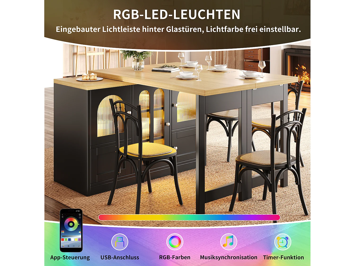 3-in-1-Esstisch: Ausziehbar und drehbar, mit 5 Türen, Ablagen, LED-Beleuchtung und USB-Anschlüssen – MDF – 120–197 x 40 x 72 cm – Schwarz