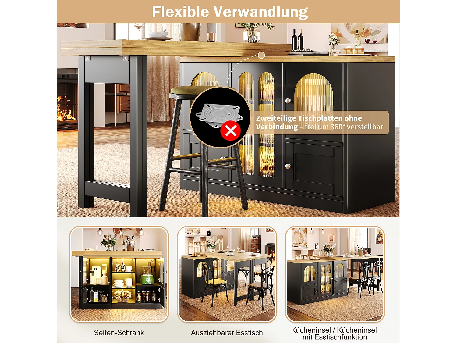 3-in-1-Esstisch: Ausziehbar und drehbar, mit 5 Türen, Ablagen, LED-Beleuchtung und USB-Anschlüssen – MDF – 120–197 x 40 x 72 cm – Schwarz