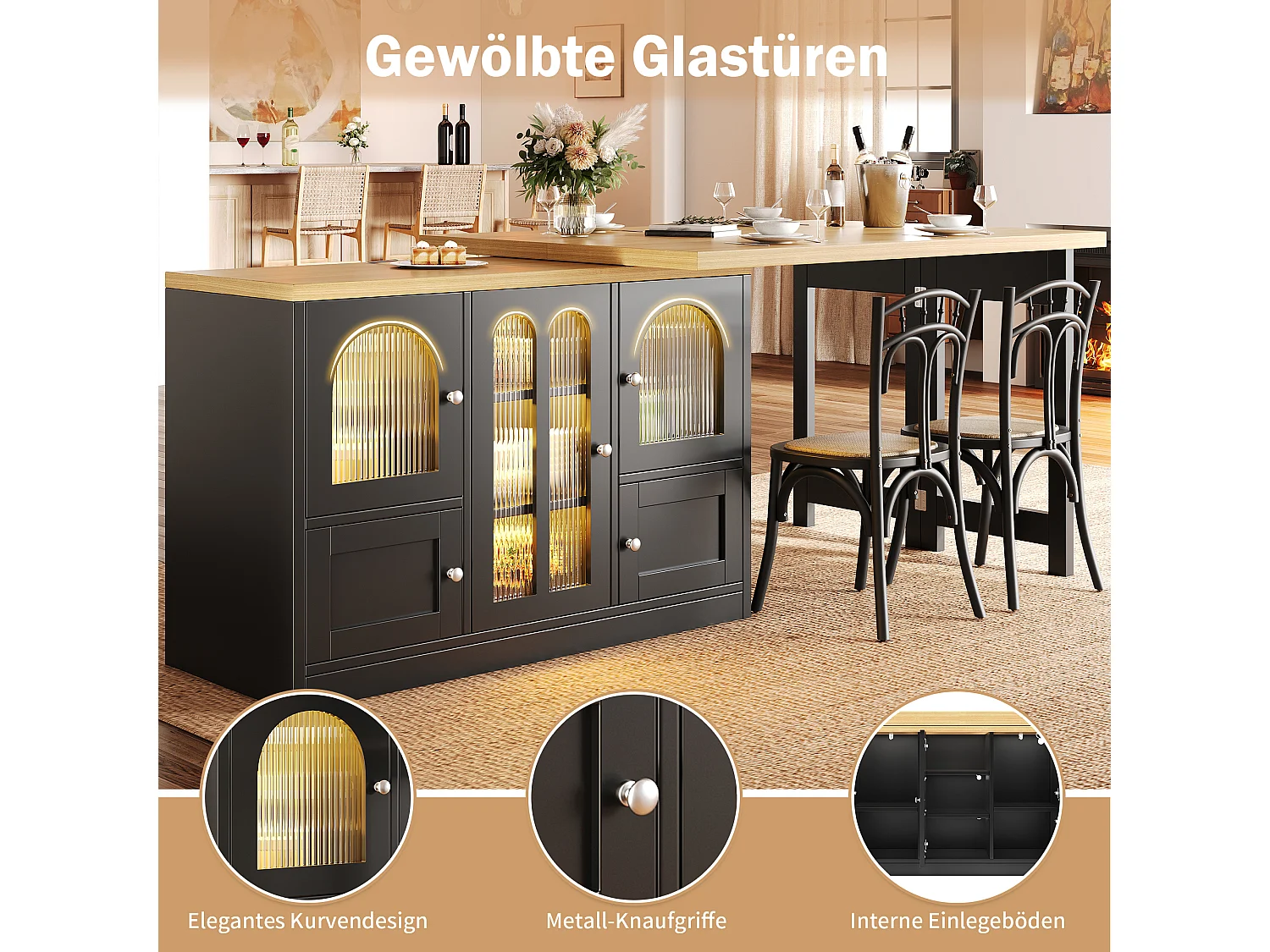 3-in-1-Esstisch: Ausziehbar und drehbar, mit 5 Türen, Ablagen, LED-Beleuchtung und USB-Anschlüssen – MDF – 120–197 x 40 x 72 cm – Schwarz
