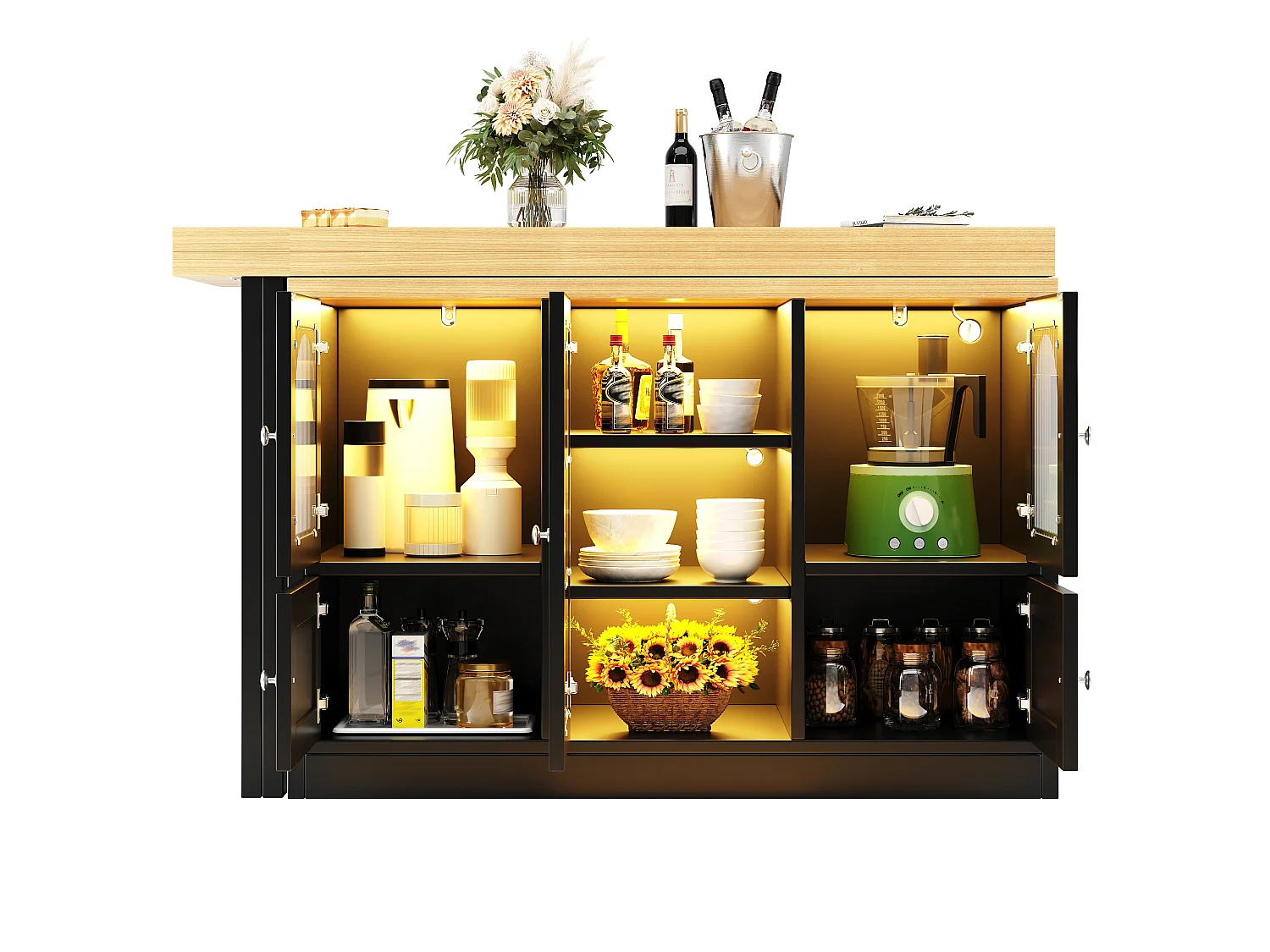 3-in-1-Esstisch: Ausziehbar und drehbar, mit 5 Türen, Ablagen, LED-Beleuchtung und USB-Anschlüssen – MDF – 120–197 x 40 x 72 cm – Schwarz