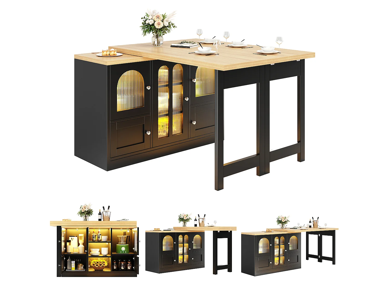 3-in-1-Esstisch: Ausziehbar und drehbar, mit 5 Türen, Ablagen, LED-Beleuchtung und USB-Anschlüssen – MDF – 120–197 x 40 x 72 cm – Schwarz