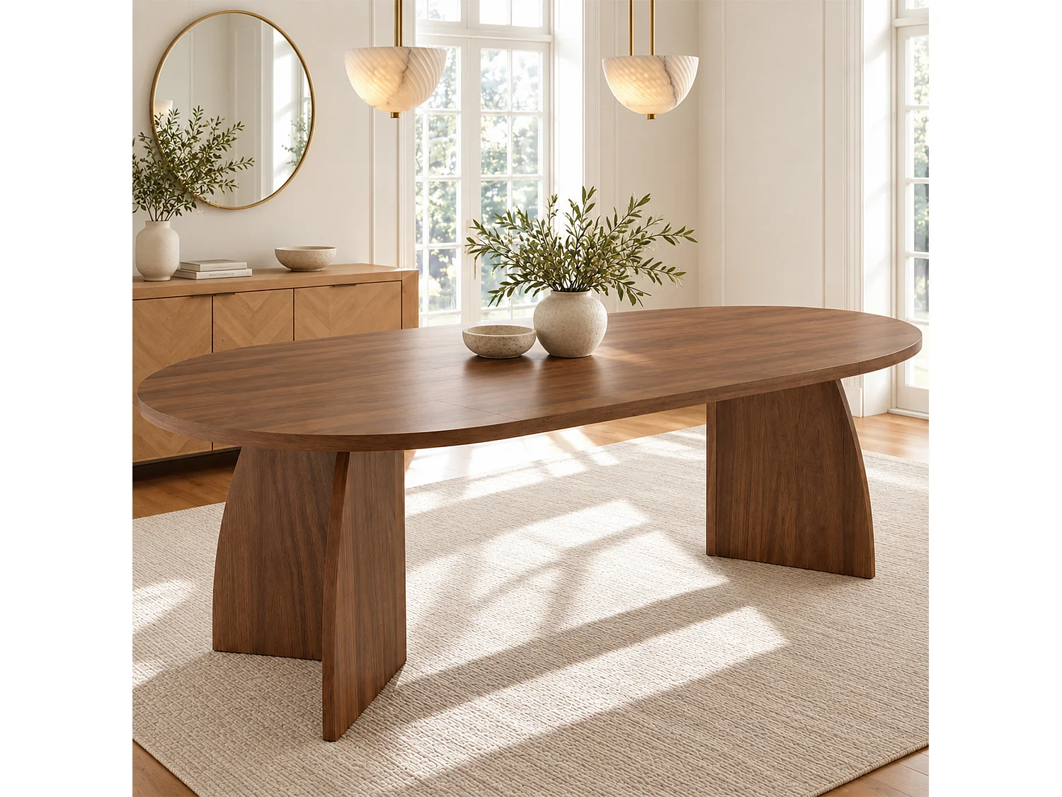 Table à manger ovale extensible 4 à 8 personnes, système télescopique – MDF – 100-180 x 100 x 75 cm – Noyer
