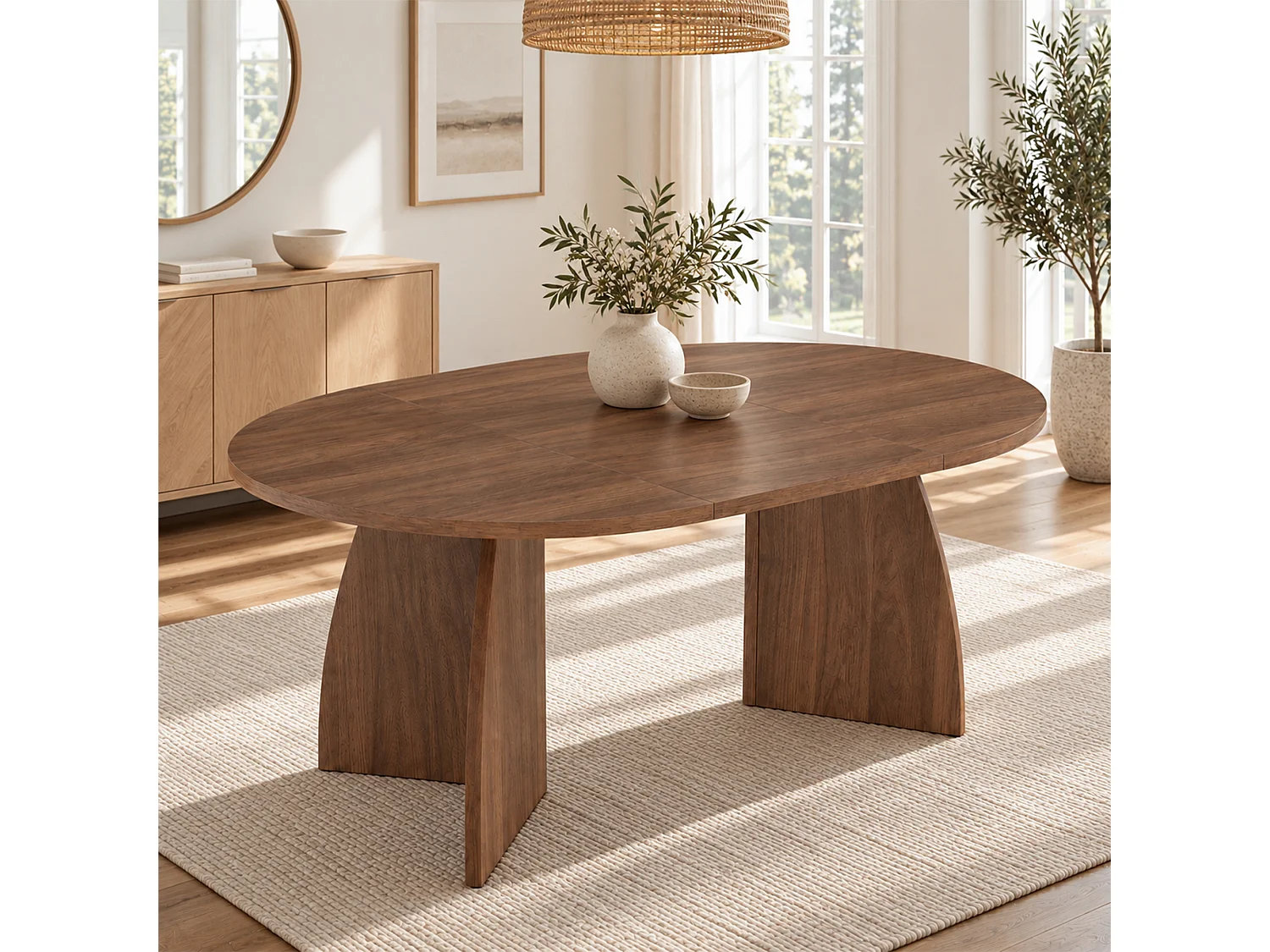 Table à manger ovale extensible 4 à 8 personnes, système télescopique – MDF – 100-180 x 100 x 75 cm – Noyer