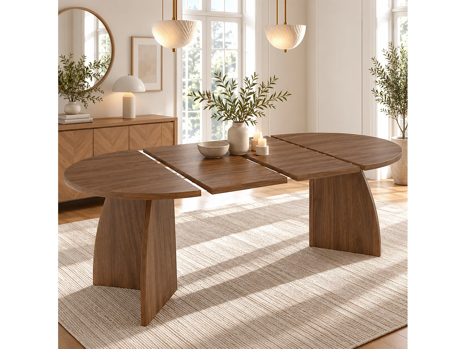 Table à manger ovale extensible 4 à 8 personnes, système télescopique – MDF – 100-180 x 100 x 75 cm – Noyer