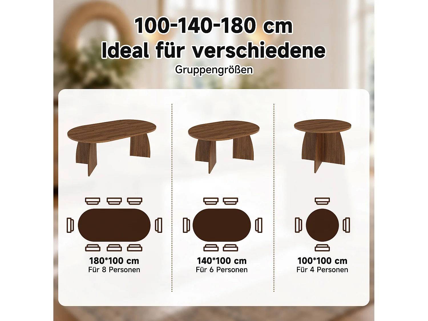Table à manger ovale extensible 4 à 8 personnes, système télescopique – MDF – 100-180 x 100 x 75 cm – Noyer