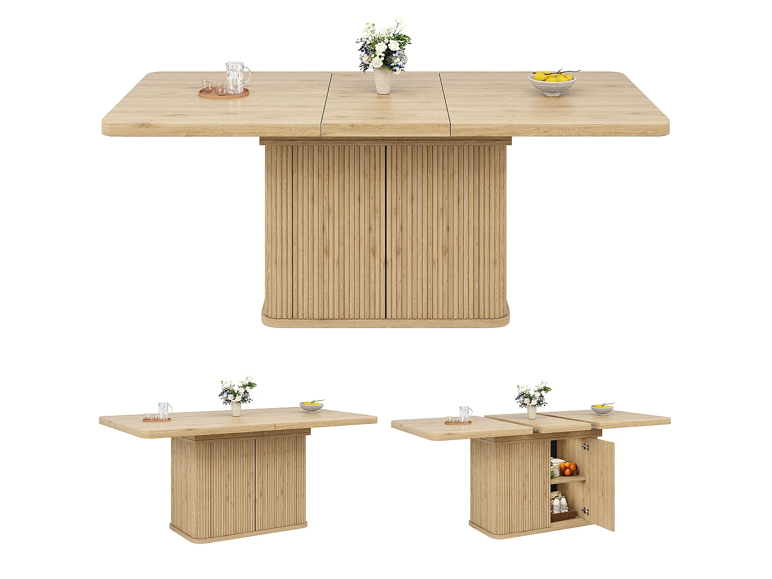 Ausziehbarer Esstisch mit Stauraum, Push-to-Open-Türen und verstellbaren Füßen – MDF und Metall – 140–180 x 80 x 76,5 cm – Hellholz