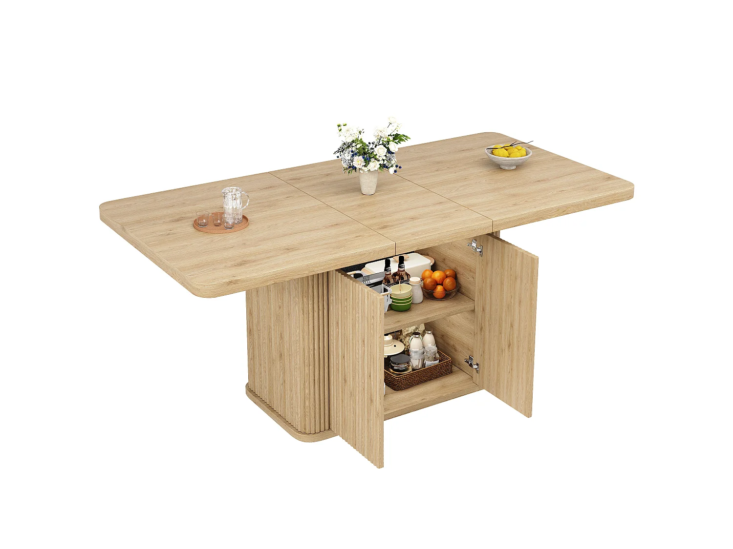 Ausziehbarer Esstisch mit Stauraum, Push-to-Open-Türen und verstellbaren Füßen – MDF und Metall – 140–180 x 80 x 76,5 cm – Hellholz