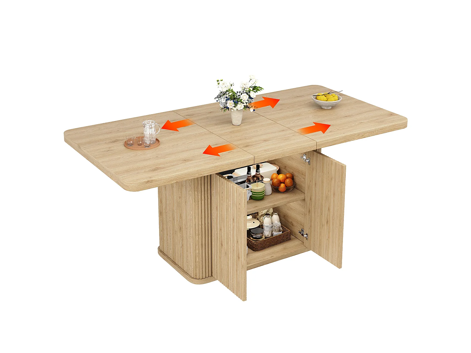 Ausziehbarer Esstisch mit Stauraum, Push-to-Open-Türen und verstellbaren Füßen – MDF und Metall – 140–180 x 80 x 76,5 cm – Hellholz