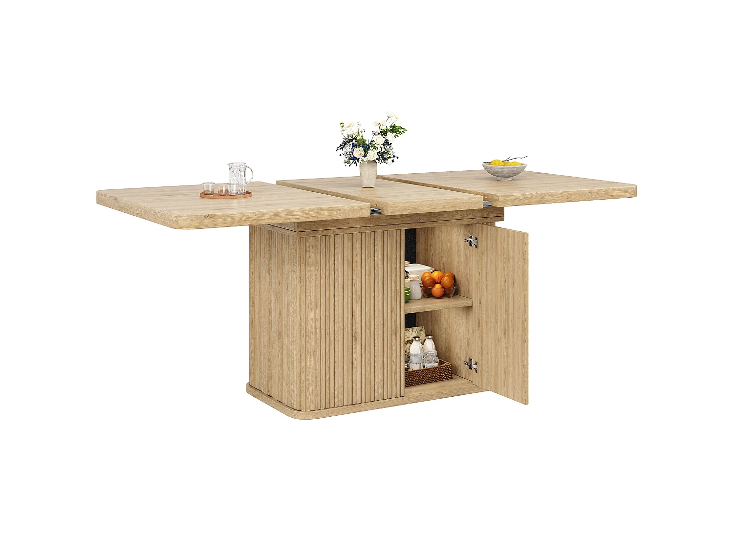 Ausziehbarer Esstisch mit Stauraum, Push-to-Open-Türen und verstellbaren Füßen – MDF und Metall – 140–180 x 80 x 76,5 cm – Hellholz
