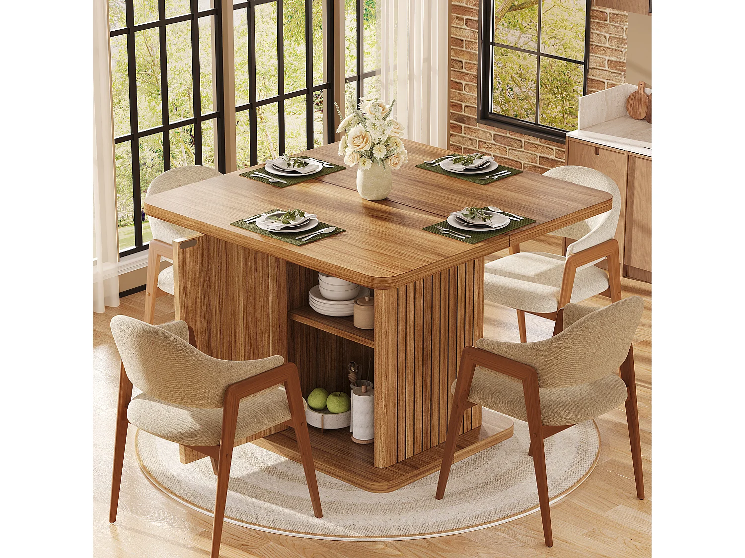 Quadratischer Esstisch für 4 Personen mit Stauraum, 2 Ablagen und Push-to-Open-Türen – MDF und Metall – 80 x 80 x 76 cm – Dunkelbraun
