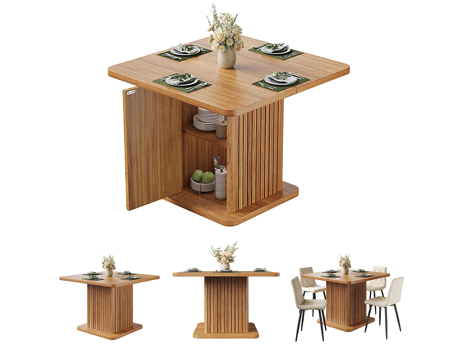 Quadratischer Esstisch für 4 Personen mit Stauraum, 2 Ablagen und Push-to-Open-Türen – MDF und Metall – 80 x 80 x 76 cm – Dunkelbraun