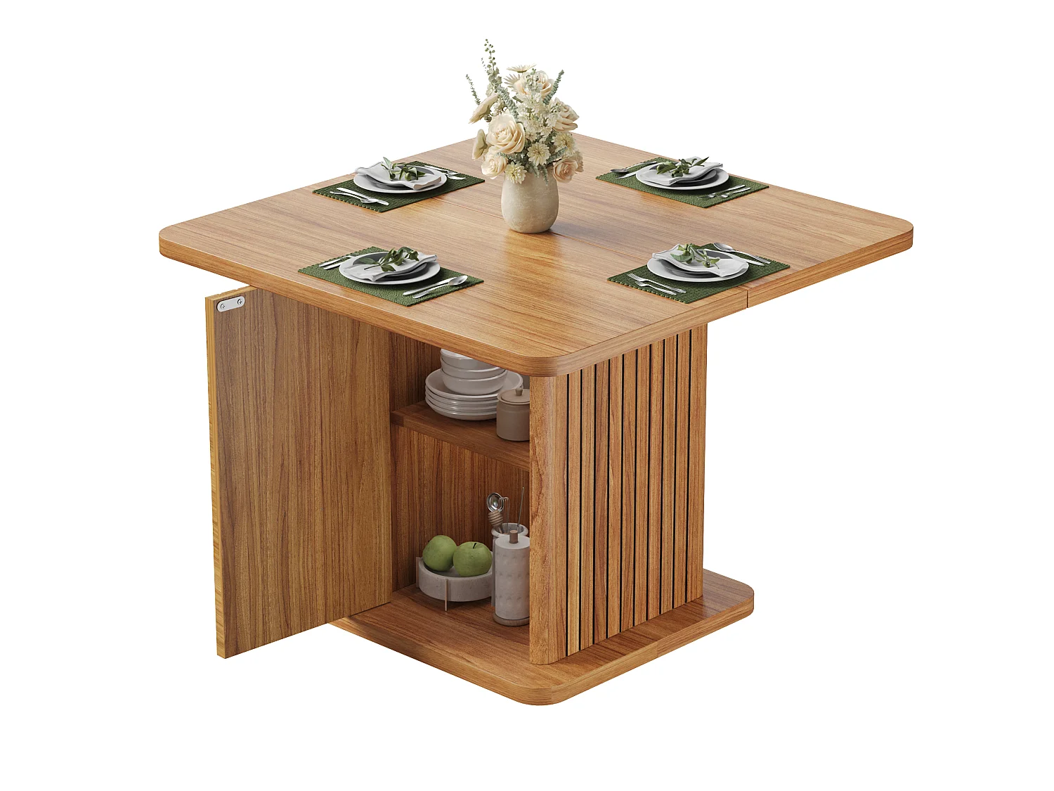 Quadratischer Esstisch für 4 Personen mit Stauraum, 2 Ablagen und Push-to-Open-Türen – MDF und Metall – 80 x 80 x 76 cm – Dunkelbraun
