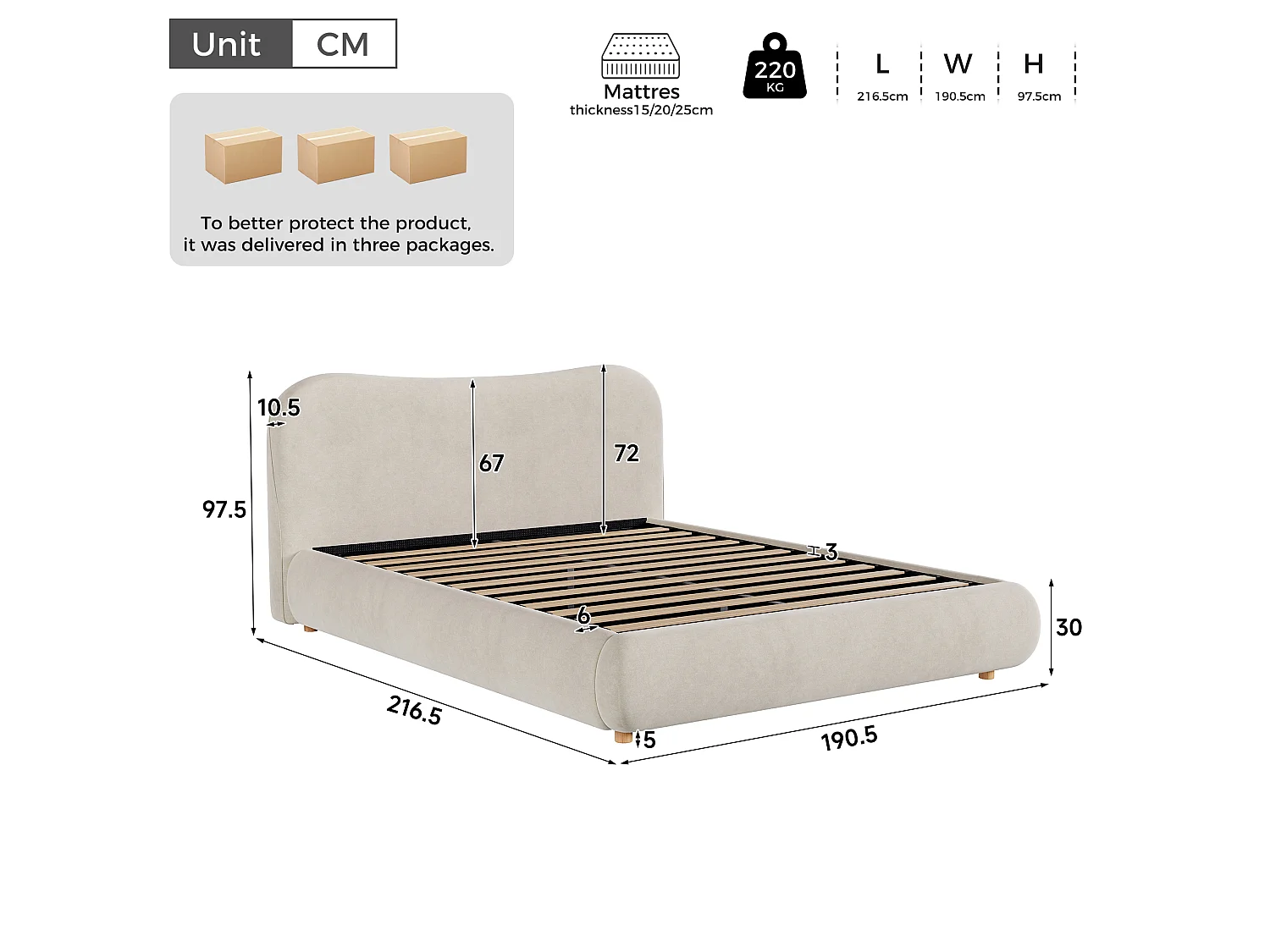 Upholstered storage bed 180x200 cm - Upholstered headboard and solid wood legs - Velvet - Beige (Mattress not included)