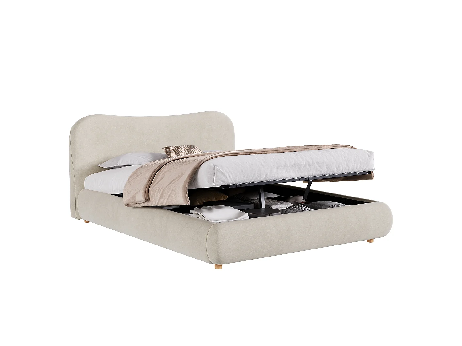 Upholstered storage bed 180x200 cm - Upholstered headboard and solid wood legs - Velvet - Beige (Mattress not included)