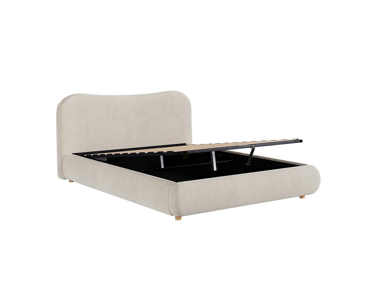 Upholstered storage bed 180x200 cm - Upholstered headboard and solid wood legs - Velvet - Beige (Mattress not included)