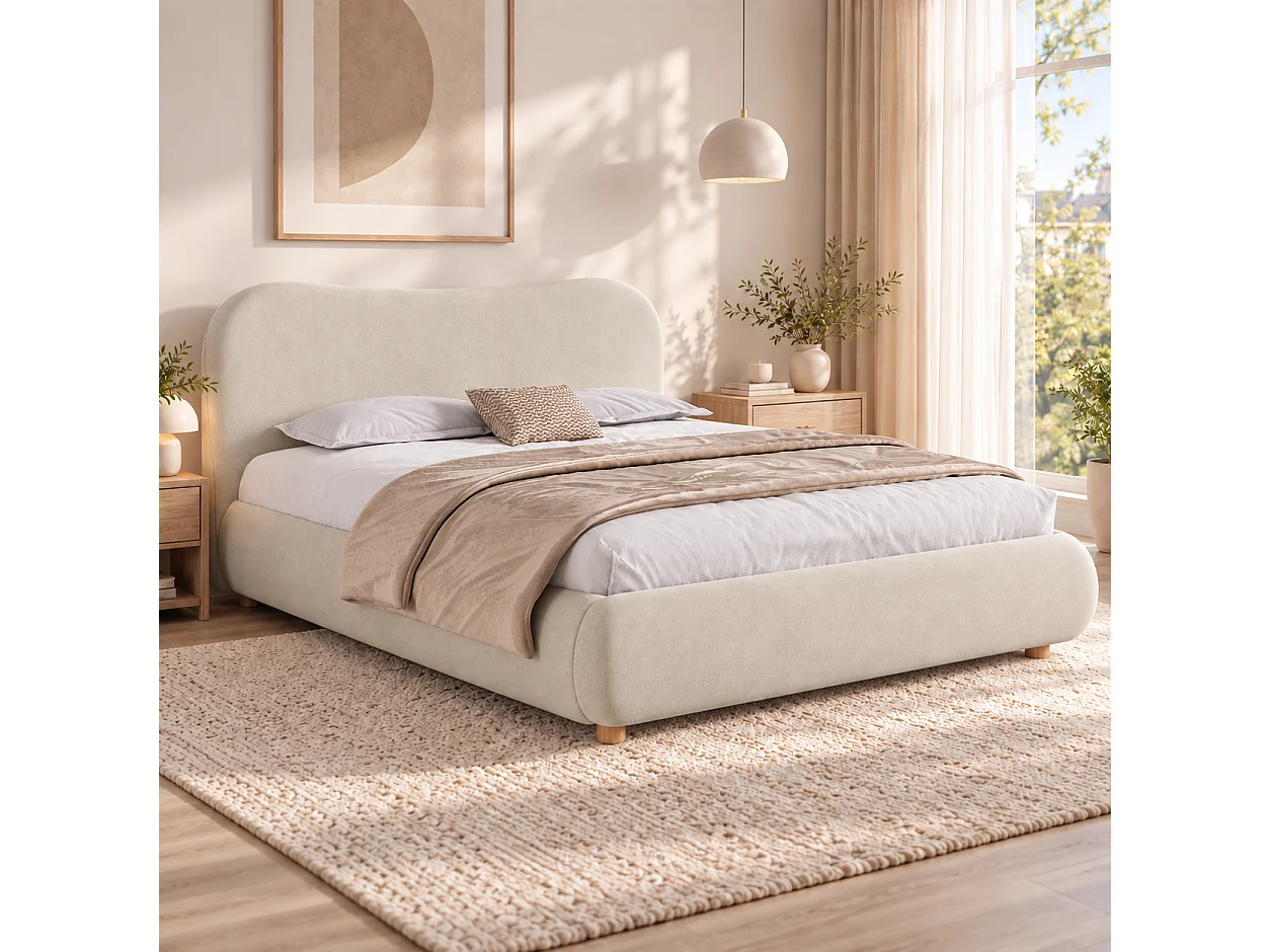 Upholstered storage bed 180x200 cm - Upholstered headboard and solid wood legs - Velvet - Beige (Mattress not included)
