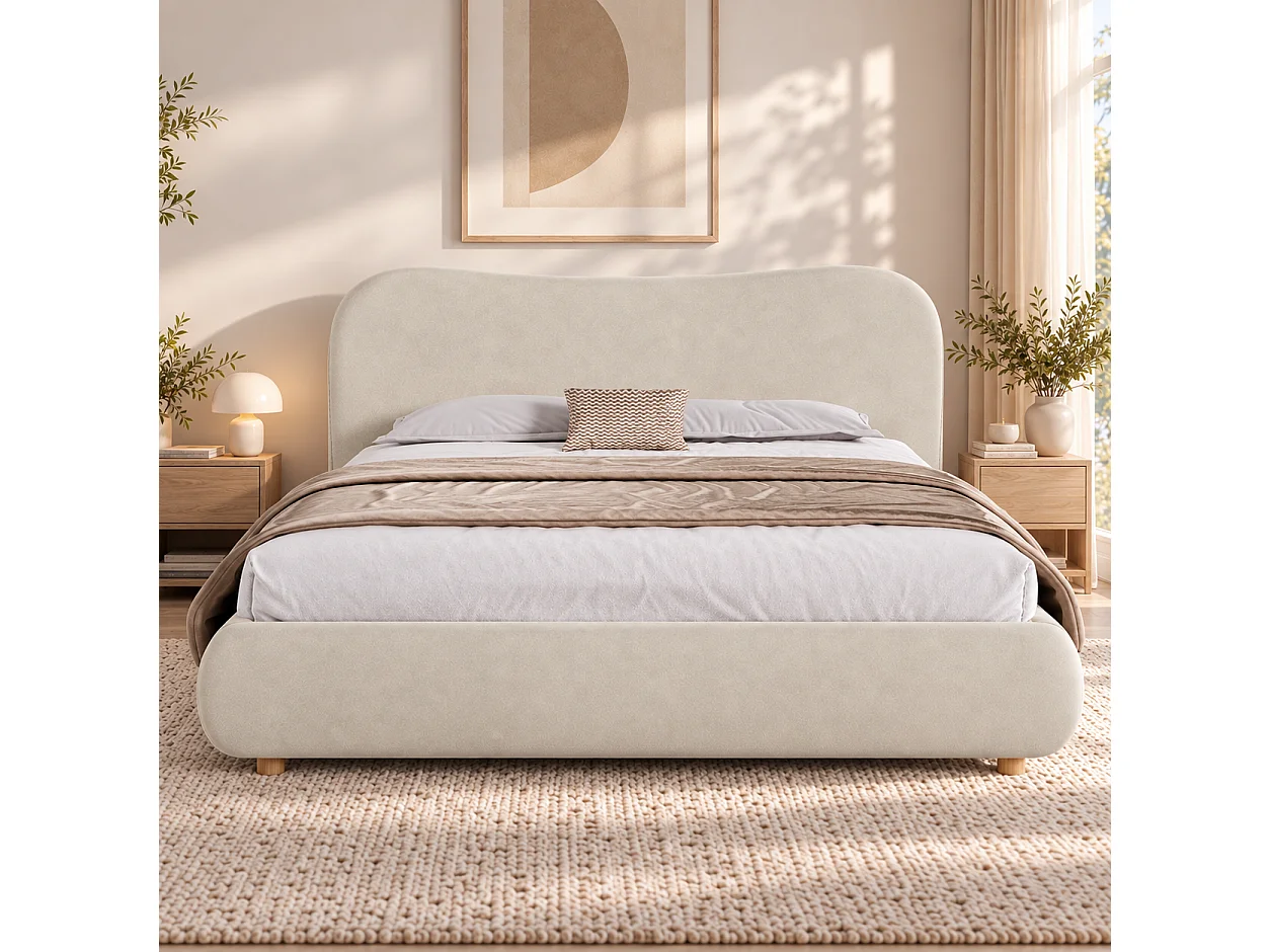 Upholstered storage bed 180x200 cm - Upholstered headboard and solid wood legs - Velvet - Beige (Mattress not included)