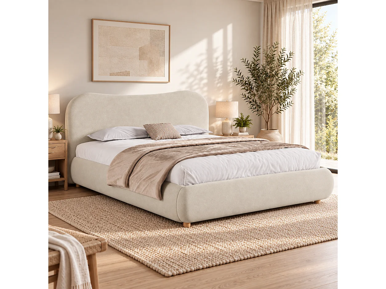 Upholstered storage bed 180x200 cm - Upholstered headboard and solid wood legs - Velvet - Beige (Mattress not included)