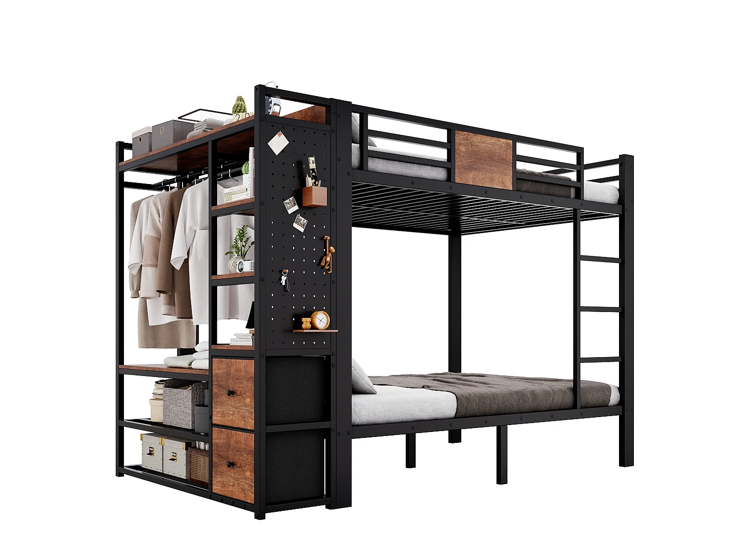 Lit superposé enfant 120x200 cm - avec étagères et tiroirs - avec échelle - portant à vêtements et panneau perforé - Noir (sans matelas)