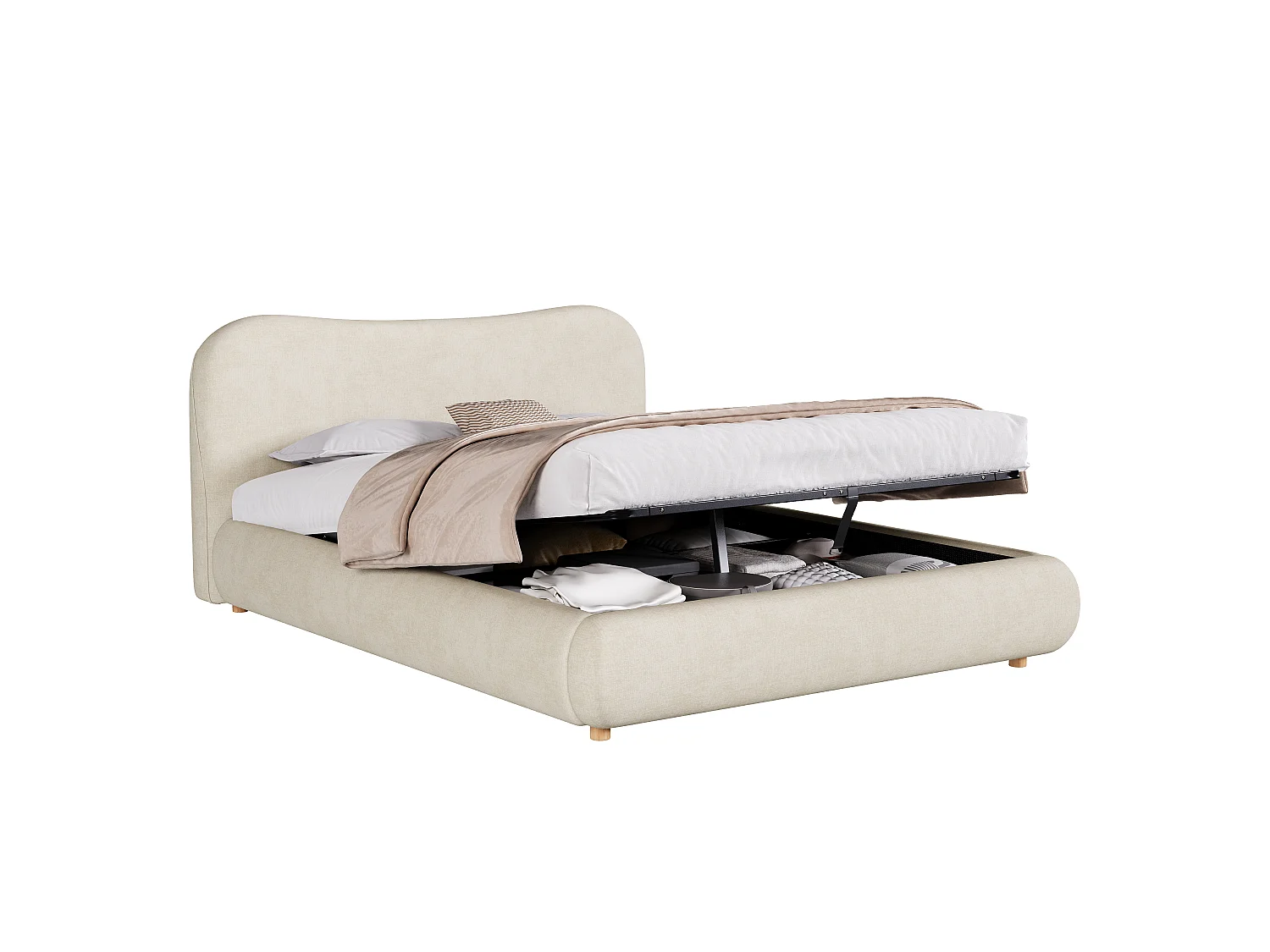 Upholstered storage bed 160x200 cm - Upholstered headboard and solid wood legs - Chenille fabric - Beige (Mattress not included)