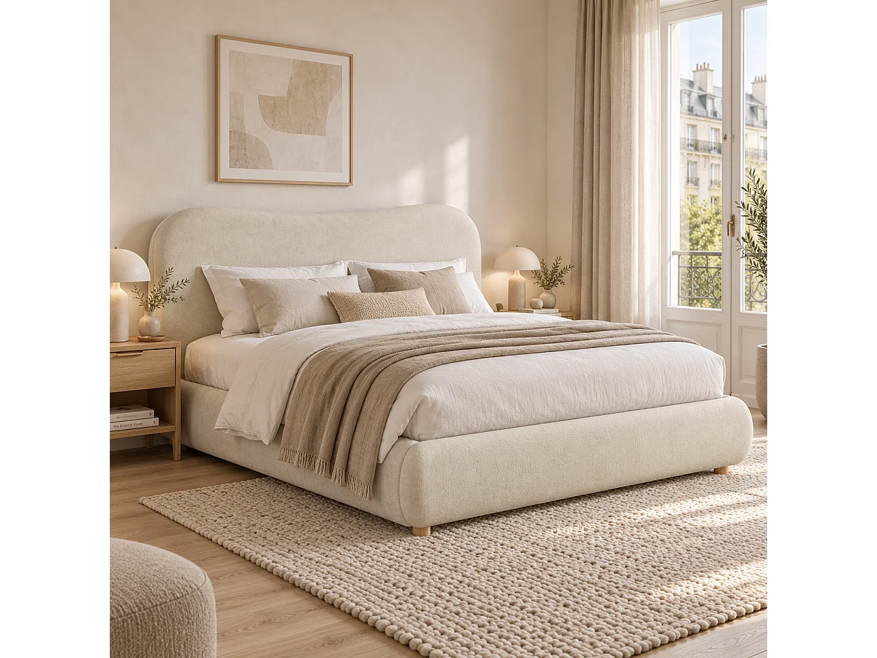 Upholstered storage bed 160x200 cm - Upholstered headboard and solid wood legs - Chenille fabric - Beige (Mattress not included)