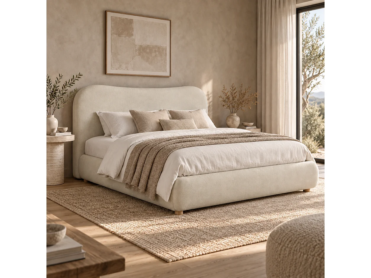 Upholstered storage bed 160x200 cm - Upholstered headboard and solid wood legs - Chenille fabric - Beige (Mattress not included)