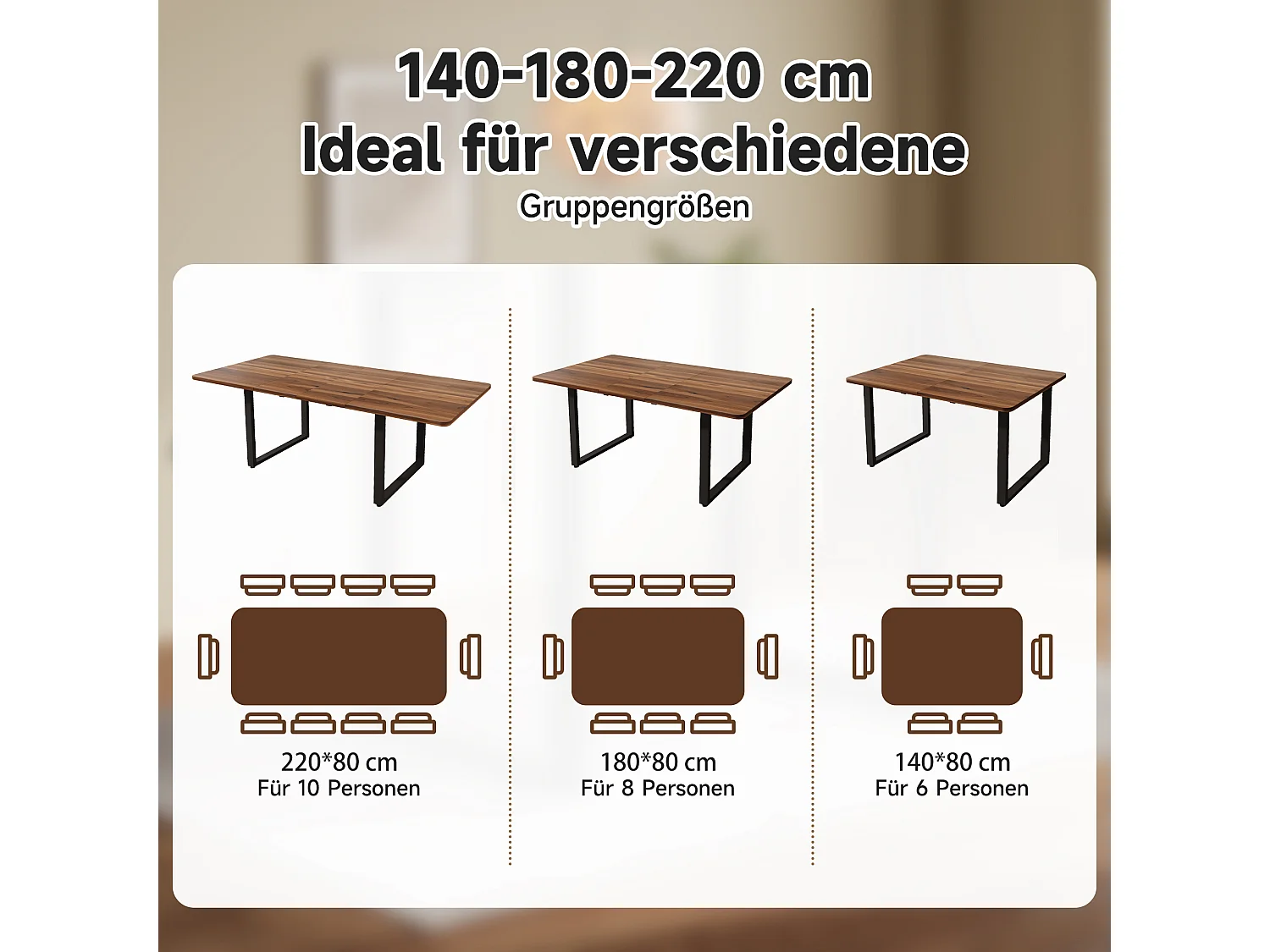 Table à manger rectangulaire extensible 6 à 10 personnes, 3 longueurs 140/180/220 cm – MDF – 140-220 x 80 x 75 cm – Noyer