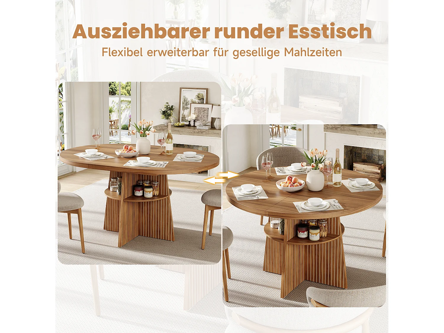 Table à manger ronde extensible 2 à 8 personnes avec rangement, piètement en croix – MDF – 110-150 x 110 x 77,5 cm – Noyer