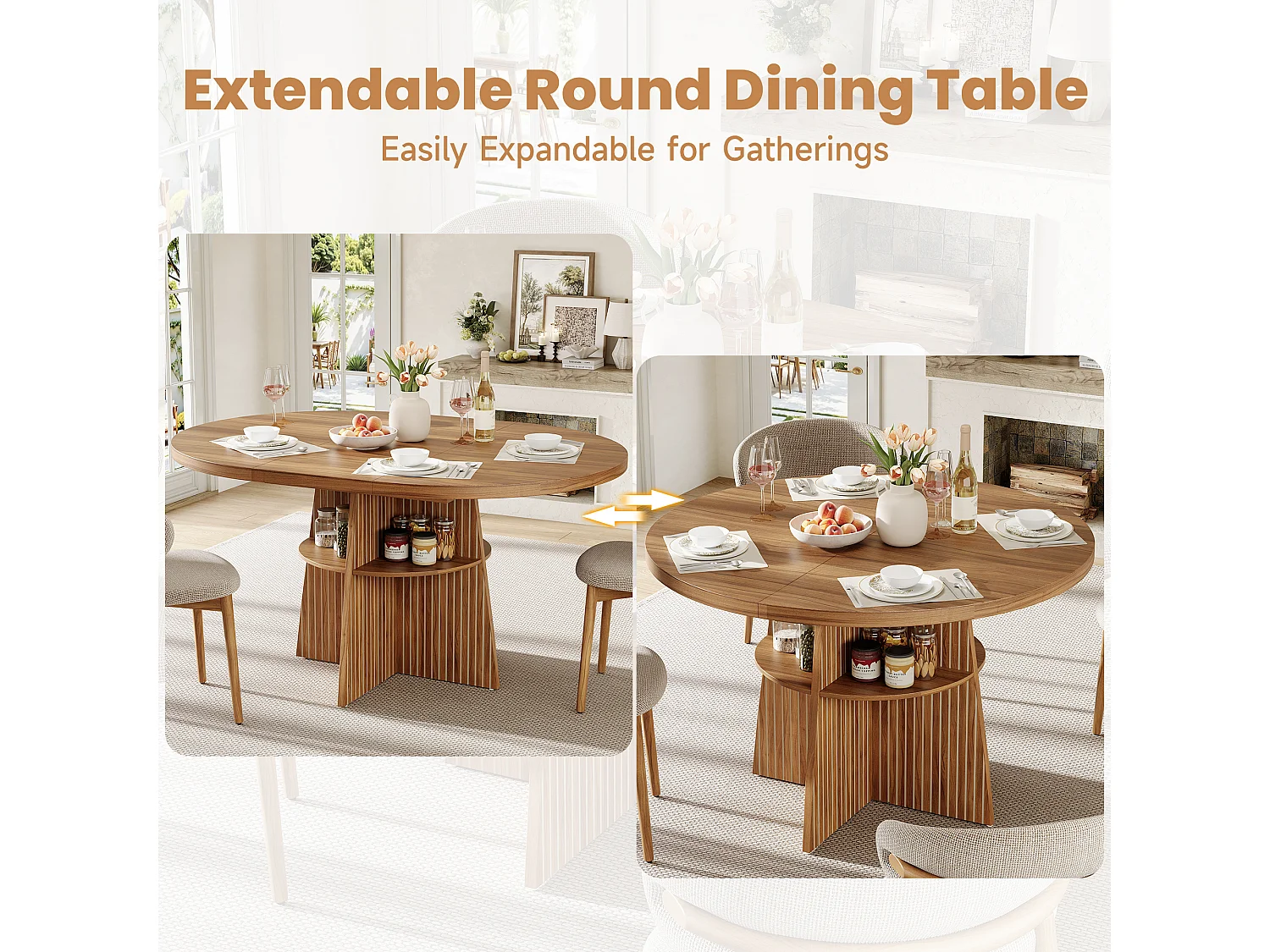 Table à manger ronde extensible 2 à 8 personnes avec rangement, piètement en croix – MDF – 110-150 x 110 x 77,5 cm – Noyer