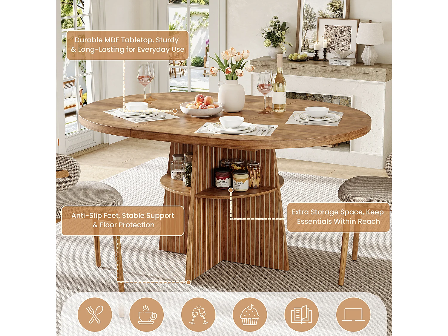 Table à manger ronde extensible 2 à 8 personnes avec rangement, piètement en croix – MDF – 110-150 x 110 x 77,5 cm – Noyer