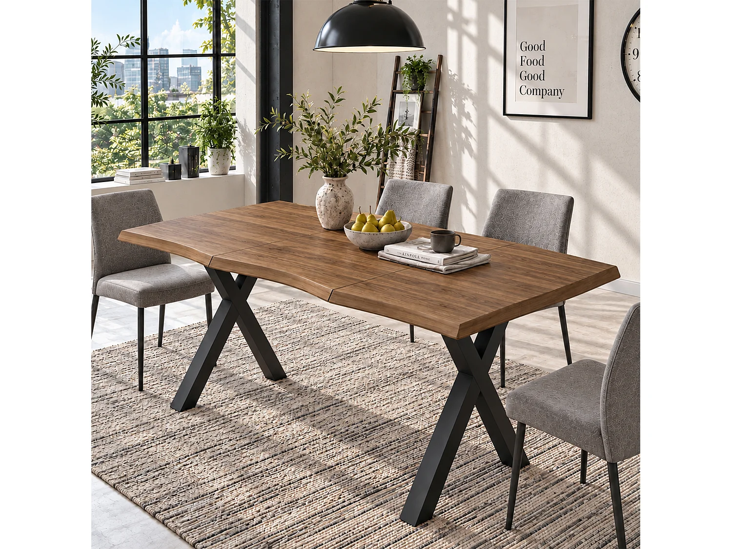 Table à manger rectangulaire 6 personnes, bords ondulés, plateau 28 mm, pieds en X – MDF et fer – 180 x 78 x 75 cm – Noyer