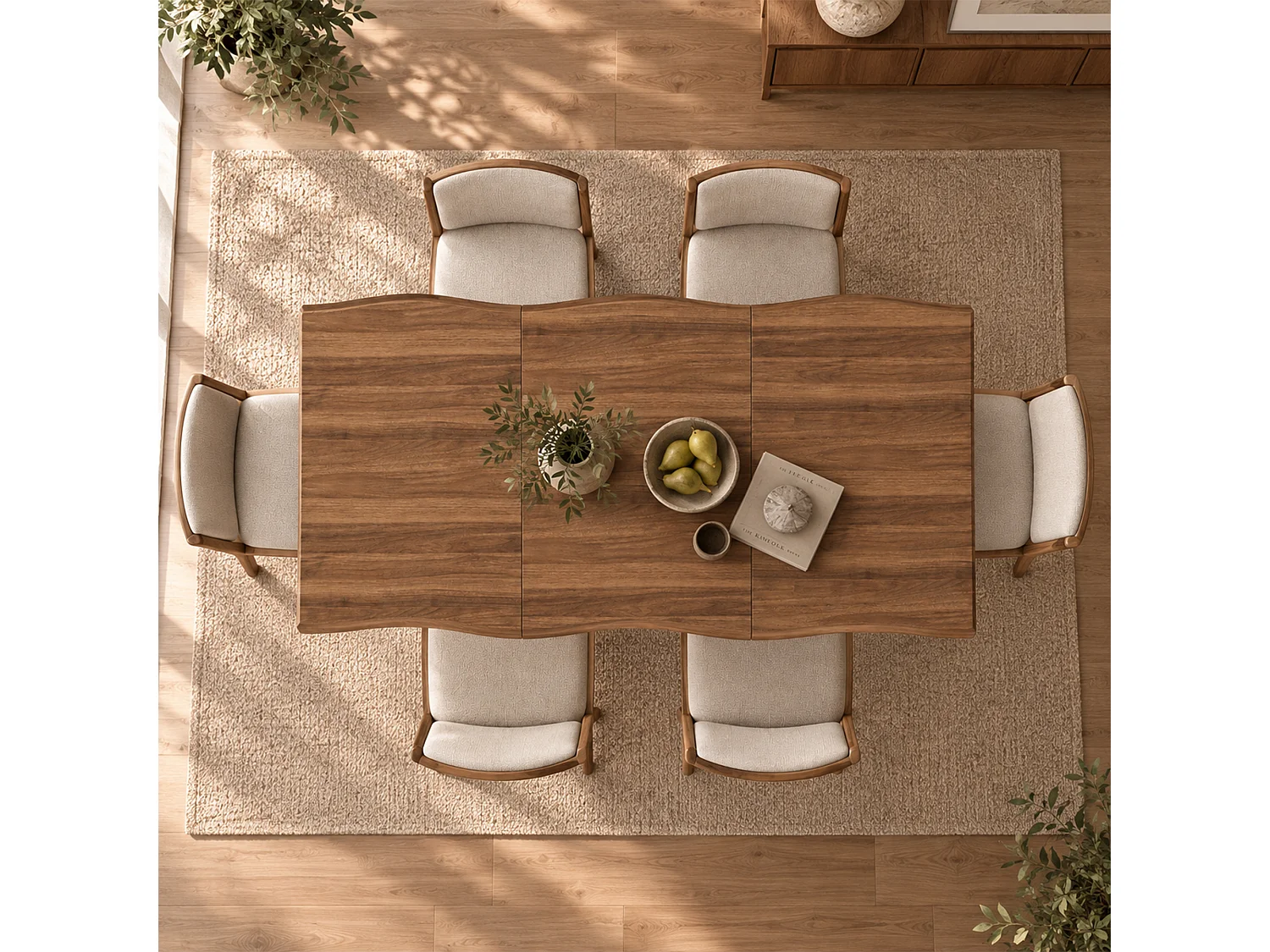 Table à manger rectangulaire 6 personnes, bords ondulés, plateau 28 mm, pieds en X – MDF et fer – 180 x 78 x 75 cm – Noyer