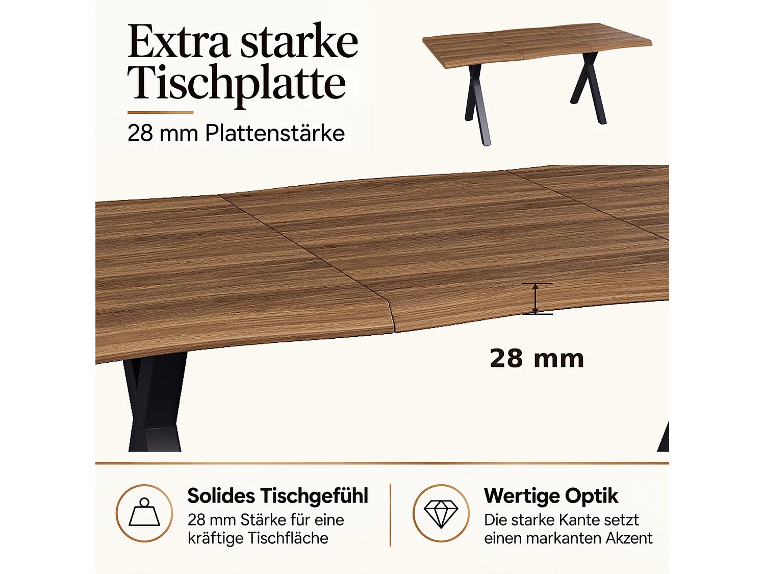 Table à manger rectangulaire 6 personnes, bords ondulés, plateau 28 mm, pieds en X – MDF et fer – 180 x 78 x 75 cm – Noyer