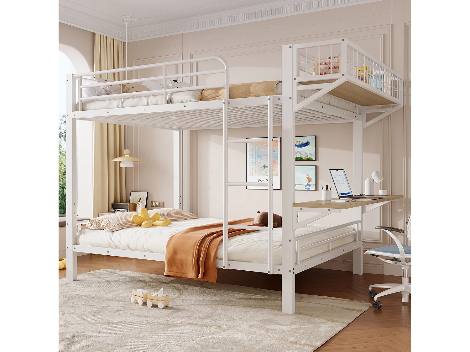 Stapelbed 140 x 200 cm met geïntegreerd bureau, omkeerbaar schap en veiligheidsrails – Metaal en MDF – Wit (Matras niet inbegrepen)