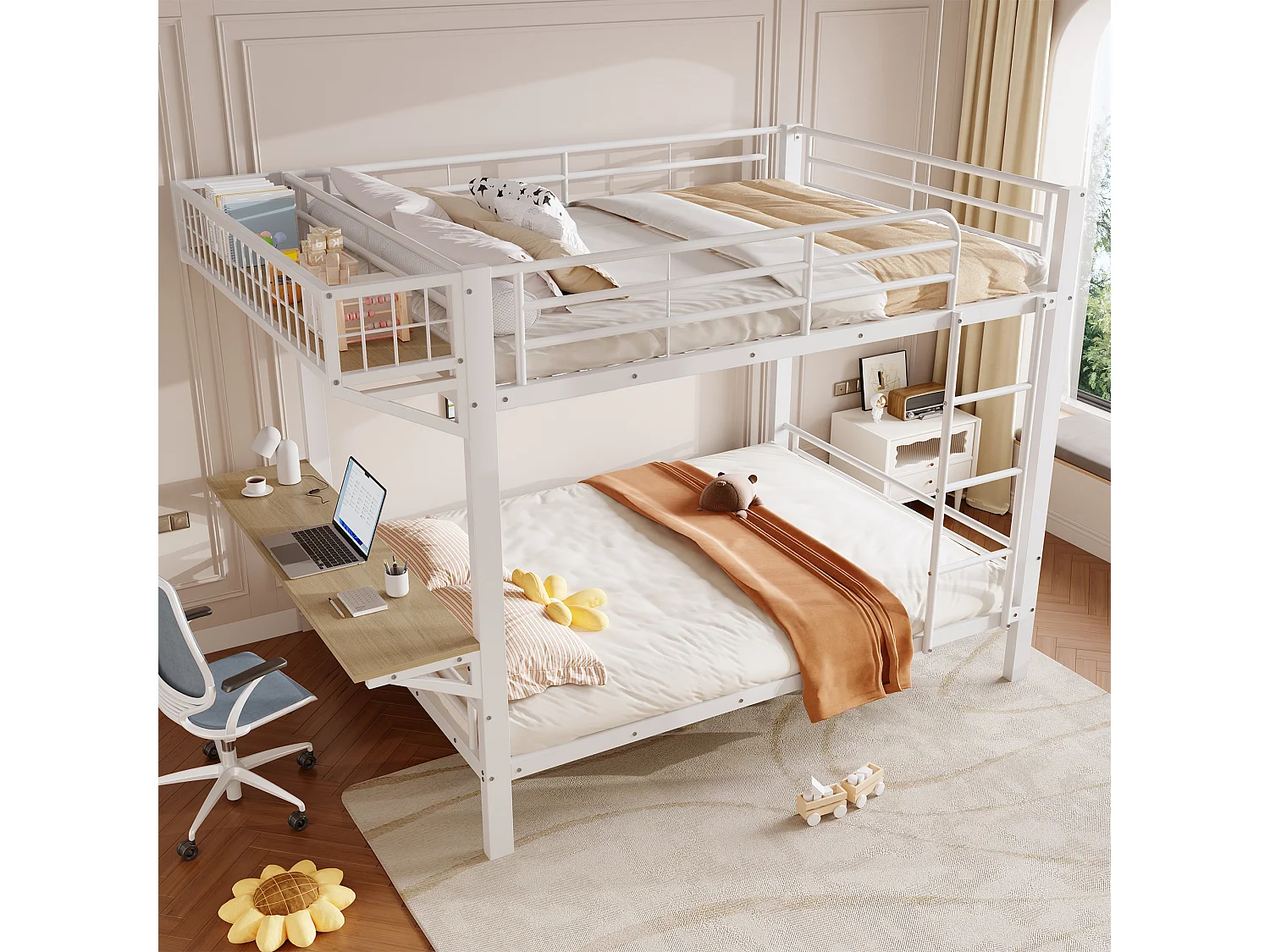 Stapelbed 140 x 200 cm met geïntegreerd bureau, omkeerbaar schap en veiligheidsrails – Metaal en MDF – Wit (Matras niet inbegrepen)