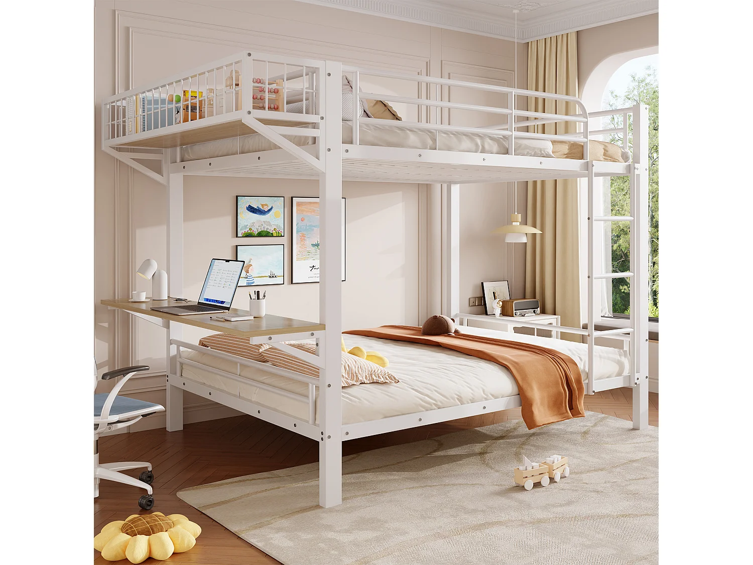 Stapelbed 140 x 200 cm met geïntegreerd bureau, omkeerbaar schap en veiligheidsrails – Metaal en MDF – Wit (Matras niet inbegrepen)
