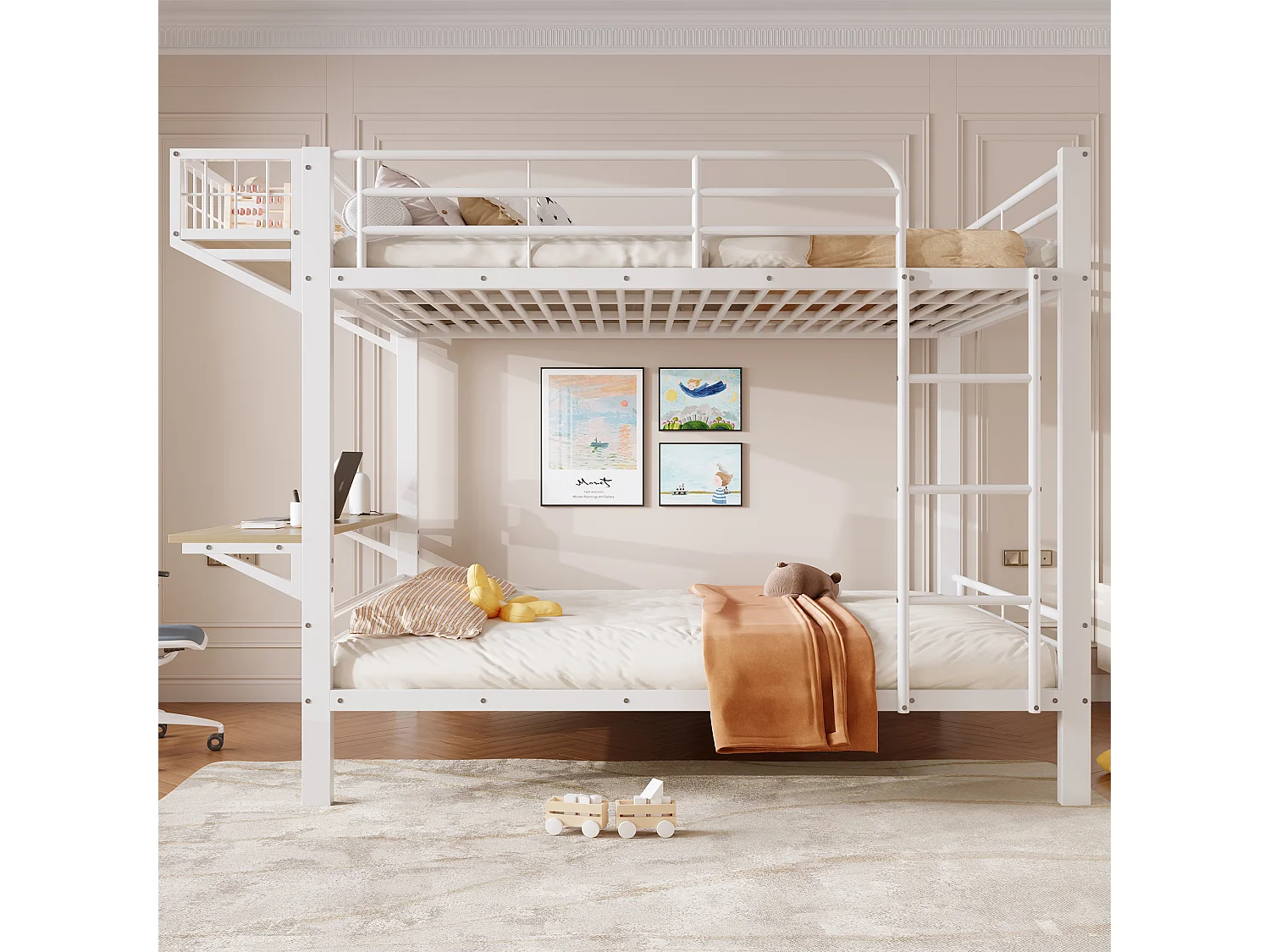 Stapelbed 140 x 200 cm met geïntegreerd bureau, omkeerbaar schap en veiligheidsrails – Metaal en MDF – Wit (Matras niet inbegrepen)