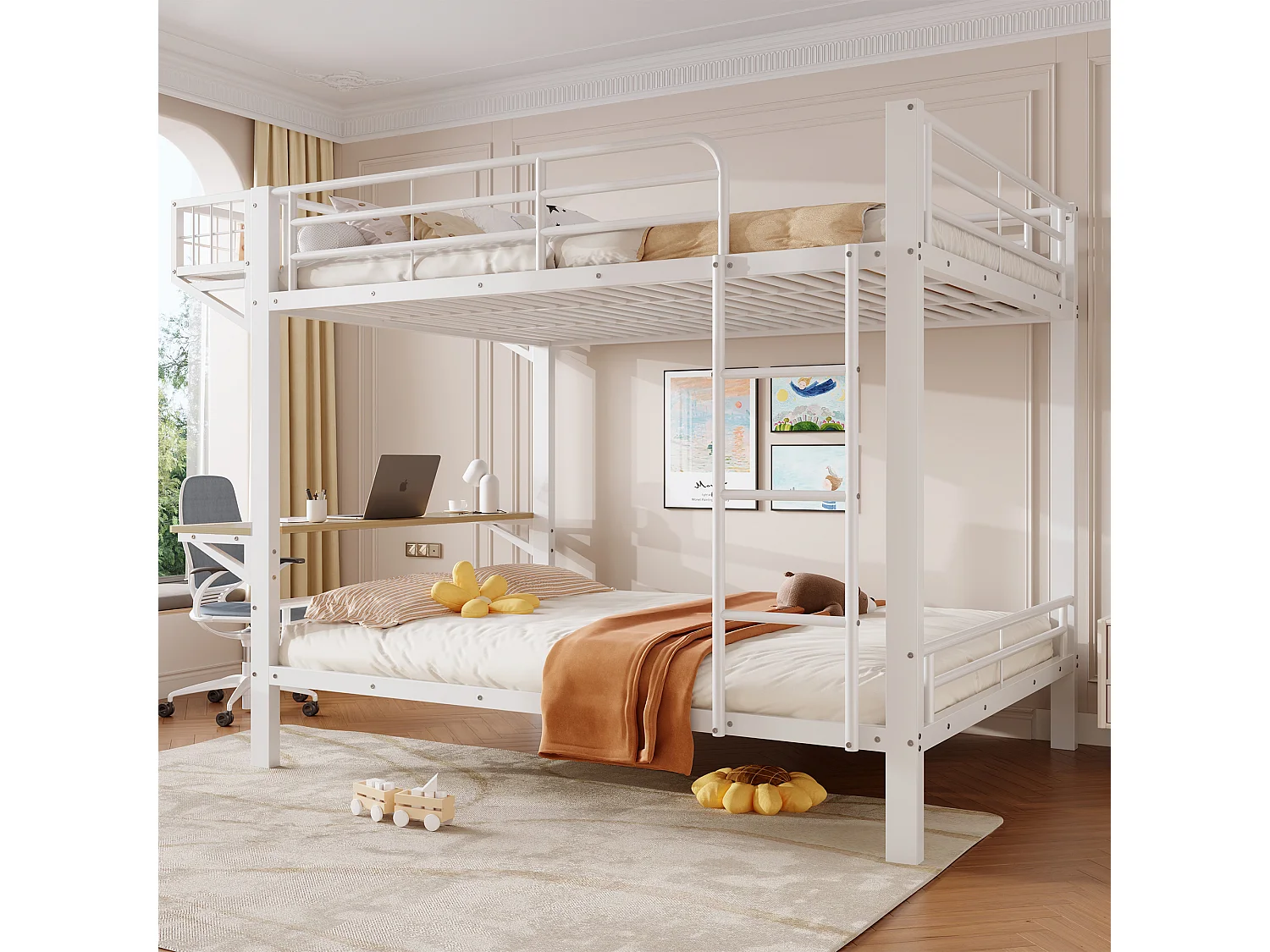Stapelbed 140 x 200 cm met geïntegreerd bureau, omkeerbaar schap en veiligheidsrails – Metaal en MDF – Wit (Matras niet inbegrepen)