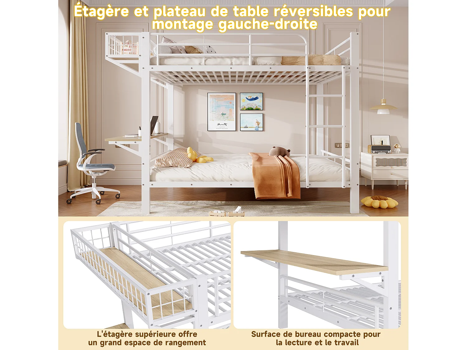 Stapelbed 140 x 200 cm met geïntegreerd bureau, omkeerbaar schap en veiligheidsrails – Metaal en MDF – Wit (Matras niet inbegrepen)