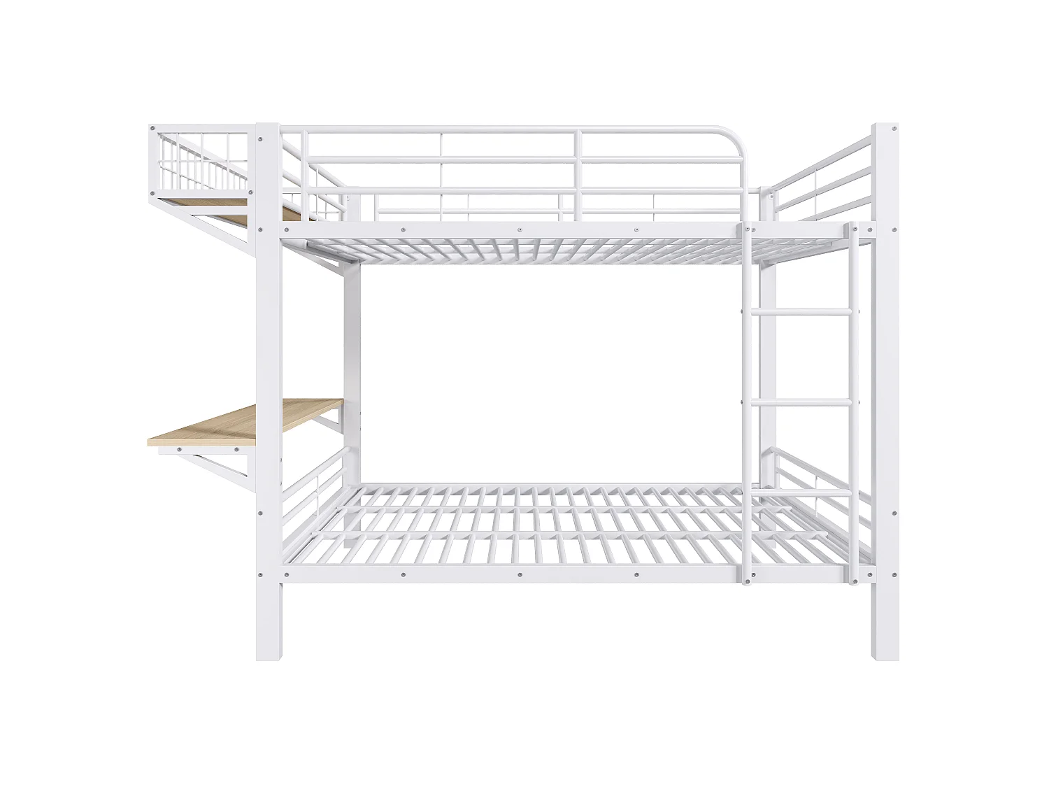 Stapelbed 140 x 200 cm met geïntegreerd bureau, omkeerbaar schap en veiligheidsrails – Metaal en MDF – Wit (Matras niet inbegrepen)