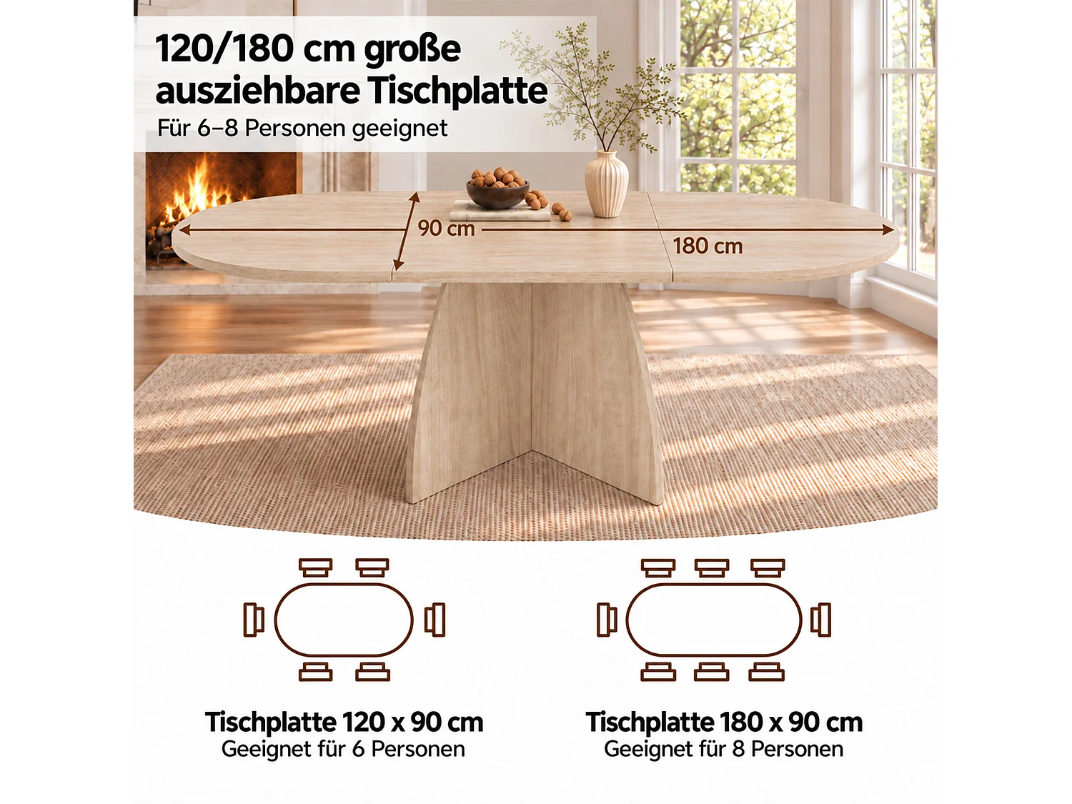Ausziehbarer rechteckiger Esstisch für 4 bis 8 Personen, 18 mm starke Tischplatte, abgerundete Ecken – MDF – bis zu 180 x 90 x 75 cm – Travertinoptik
