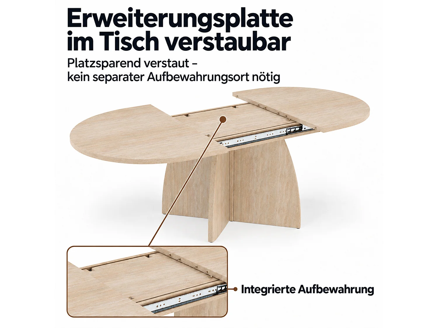 Ausziehbarer rechteckiger Esstisch für 4 bis 8 Personen, 18 mm starke Tischplatte, abgerundete Ecken – MDF – bis zu 180 x 90 x 75 cm – Travertinoptik