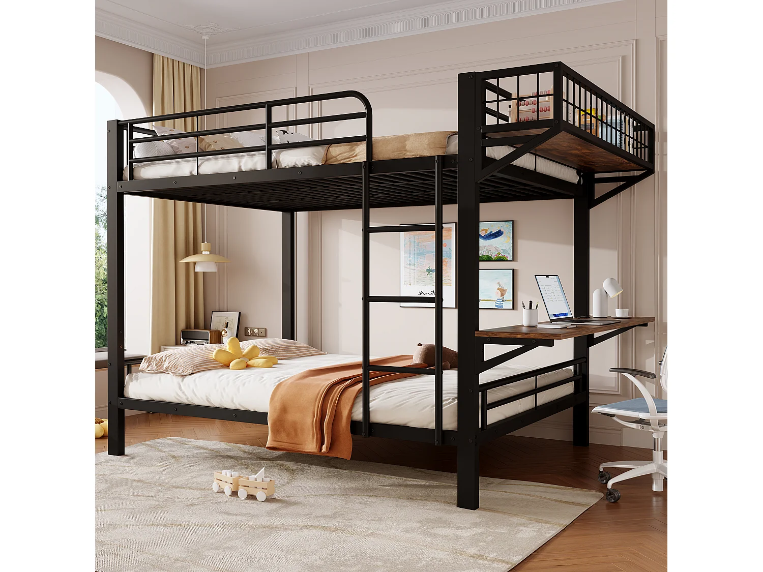 Lit superposé 140 x 200 cm avec bureau intégré, étagère réversible et barrières de sécurité – Métal et MDF – Noir (Sans matelas)