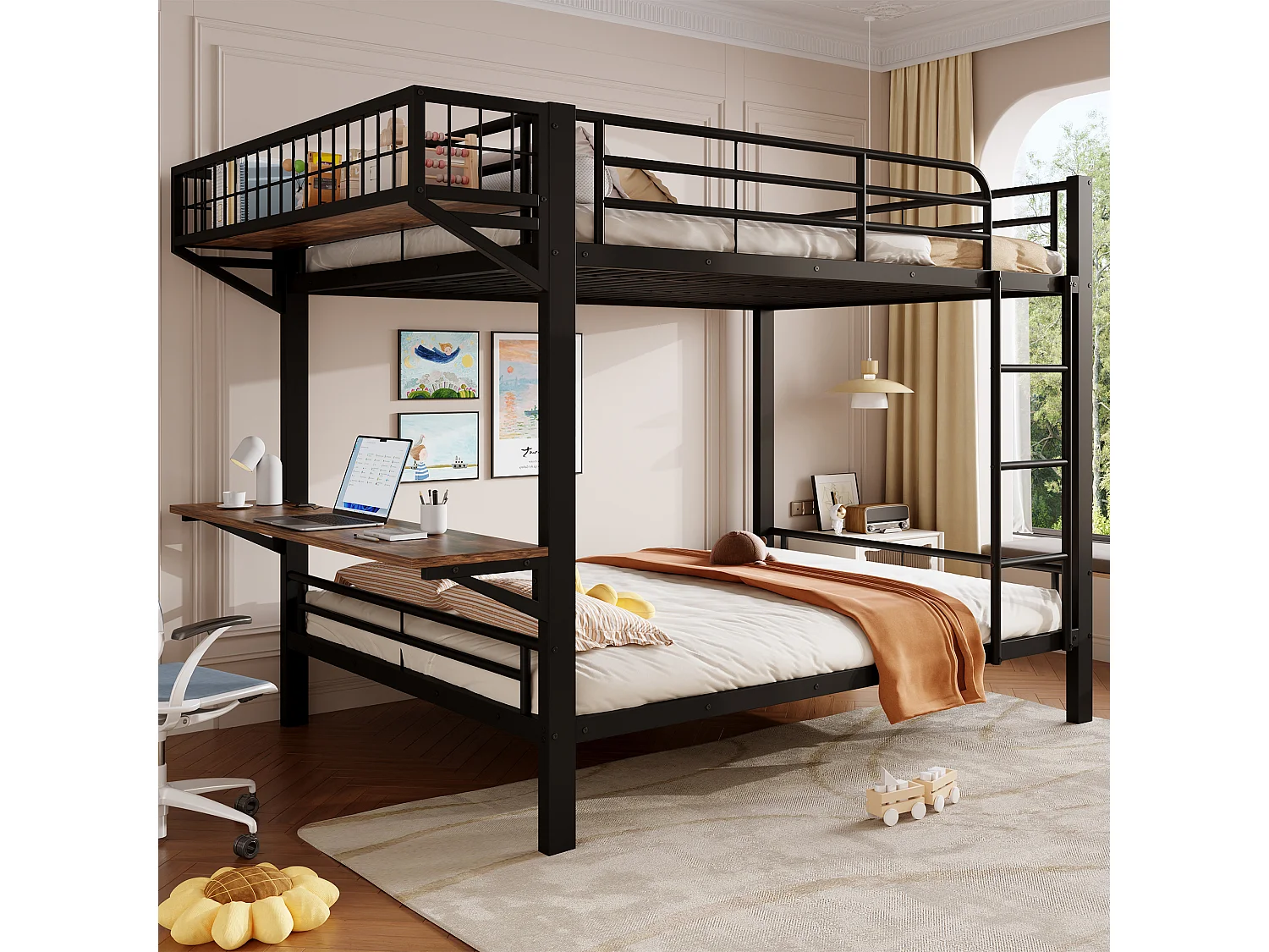 Lit superposé 140 x 200 cm avec bureau intégré, étagère réversible et barrières de sécurité – Métal et MDF – Noir (Sans matelas)