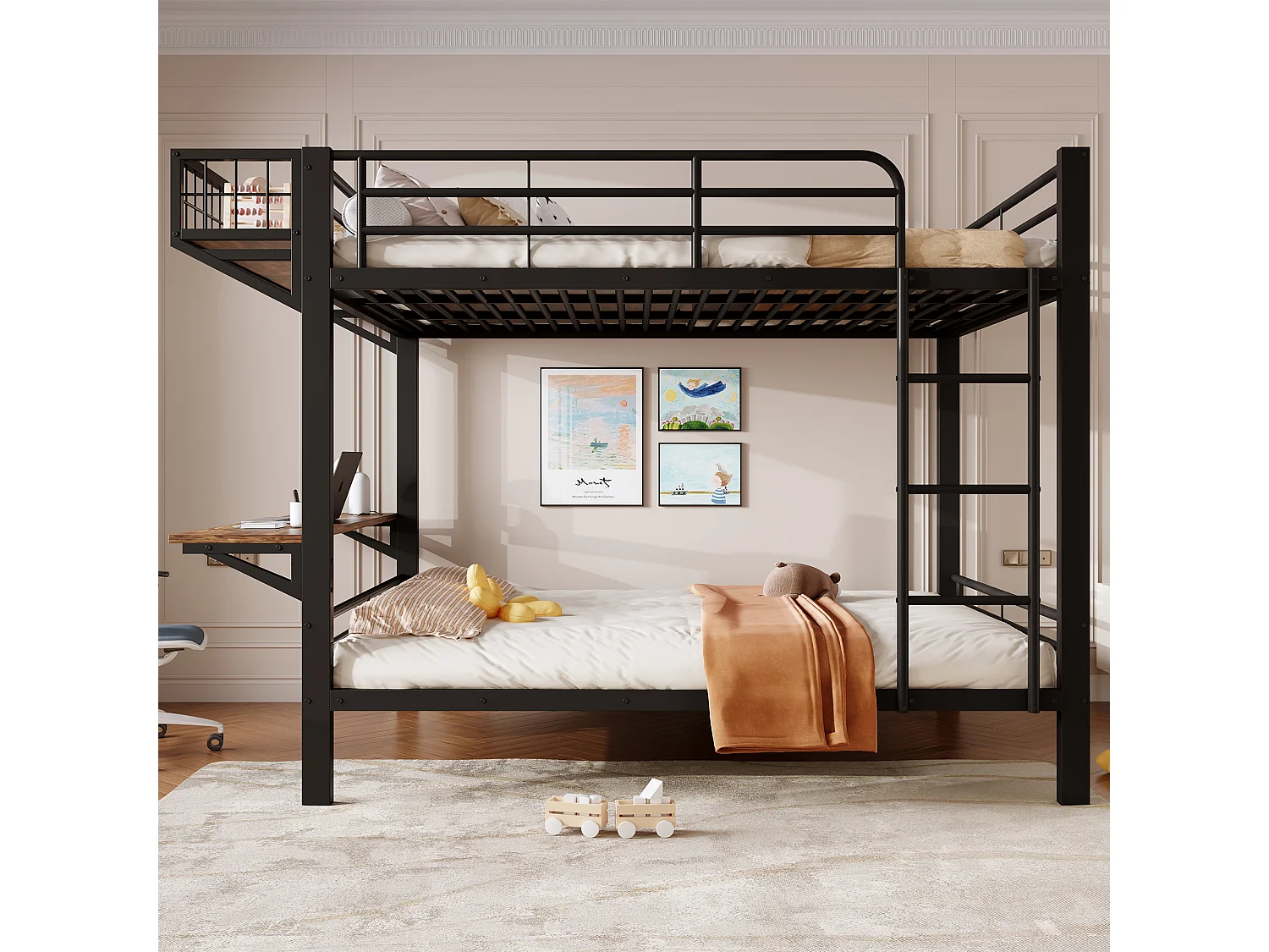 Lit superposé 140 x 200 cm avec bureau intégré, étagère réversible et barrières de sécurité – Métal et MDF – Noir (Sans matelas)