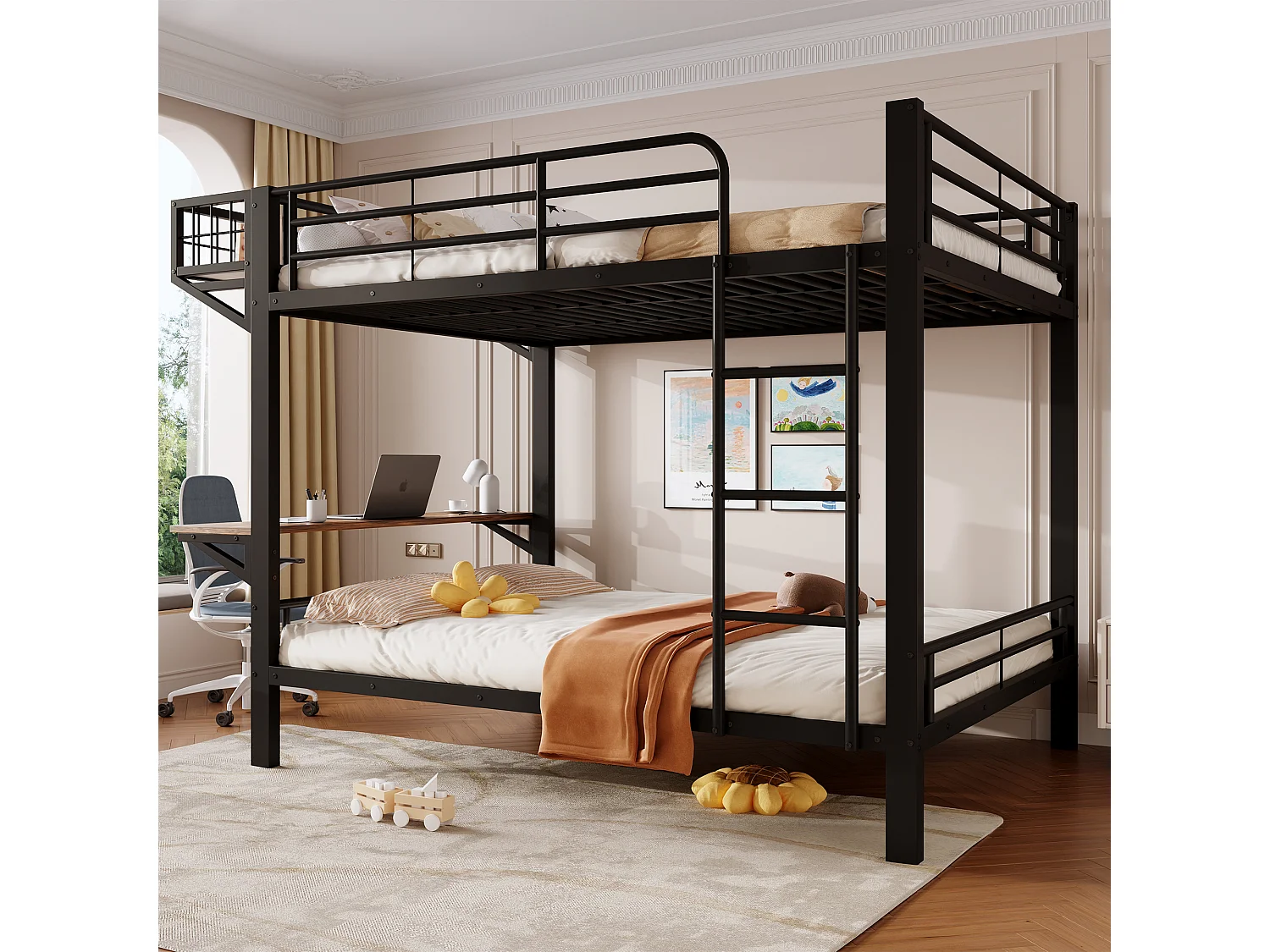 Lit superposé 140 x 200 cm avec bureau intégré, étagère réversible et barrières de sécurité – Métal et MDF – Noir (Sans matelas)